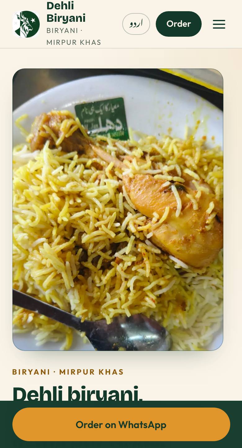 Dehli Biryani website on a phone