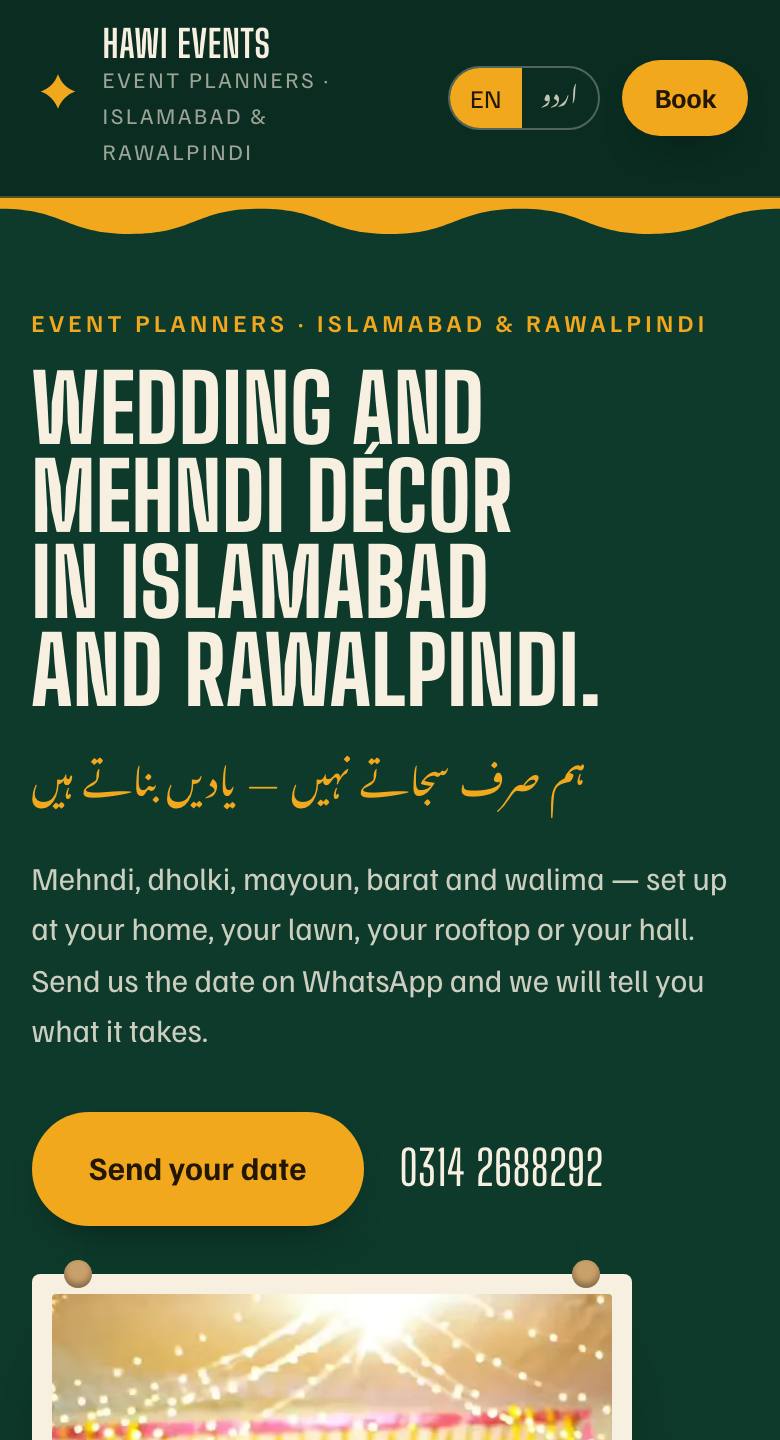 Hawi Events website on a phone