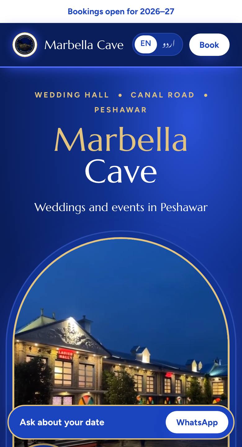 Marbella Cave Wedding Hall website on a phone